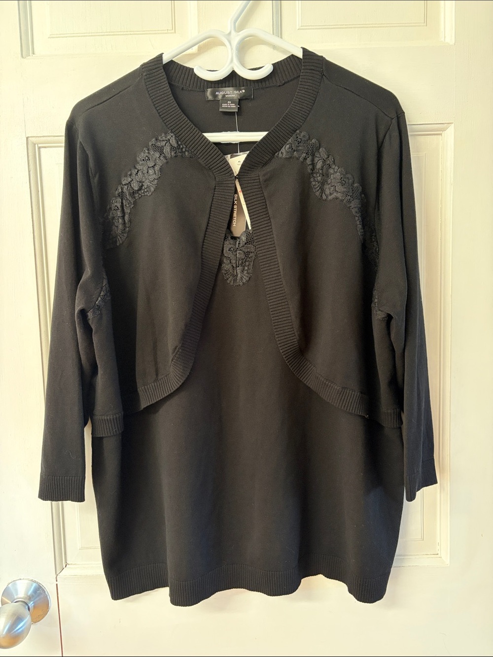 August Silk black cardigan&camisole set featuring elegant lace accent size 2X